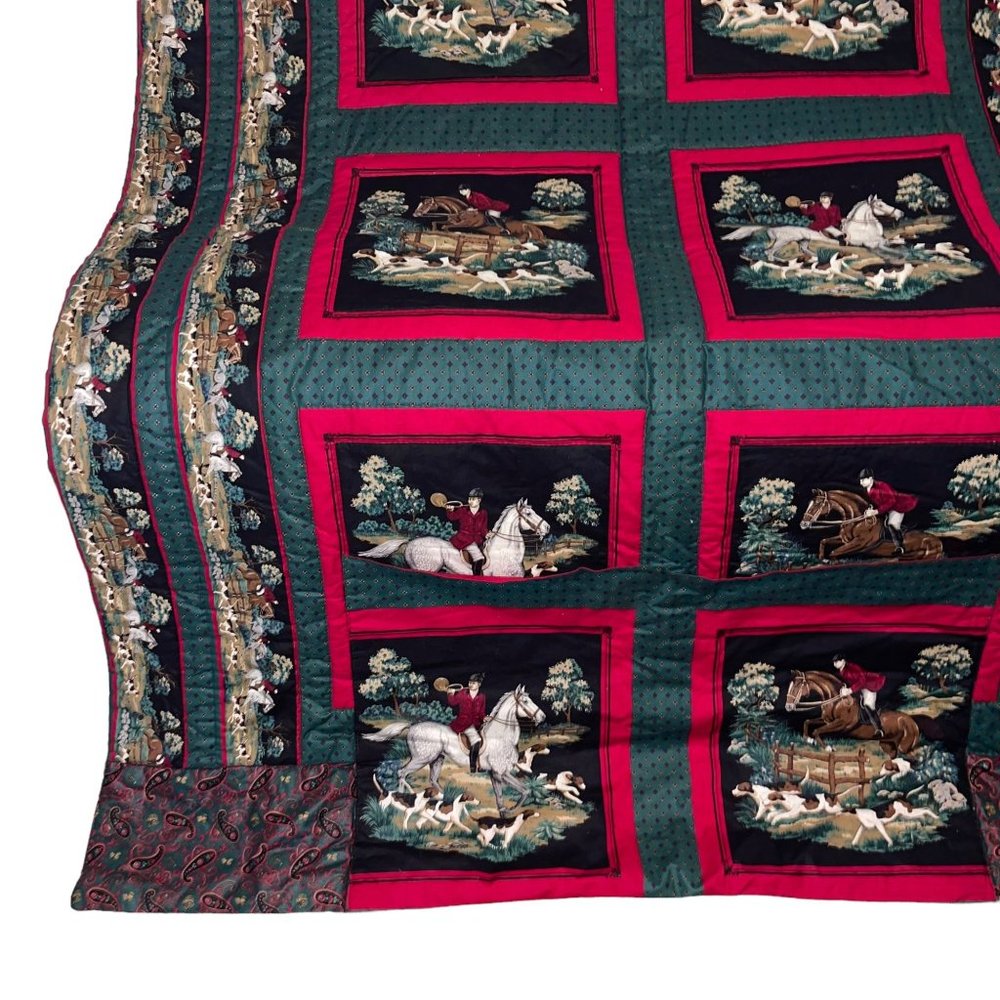 Handmade Vintage 70's Equestrian Horse Rider Beagle Hunting Paisley Quilt 66X52 - Picture 4 of 11